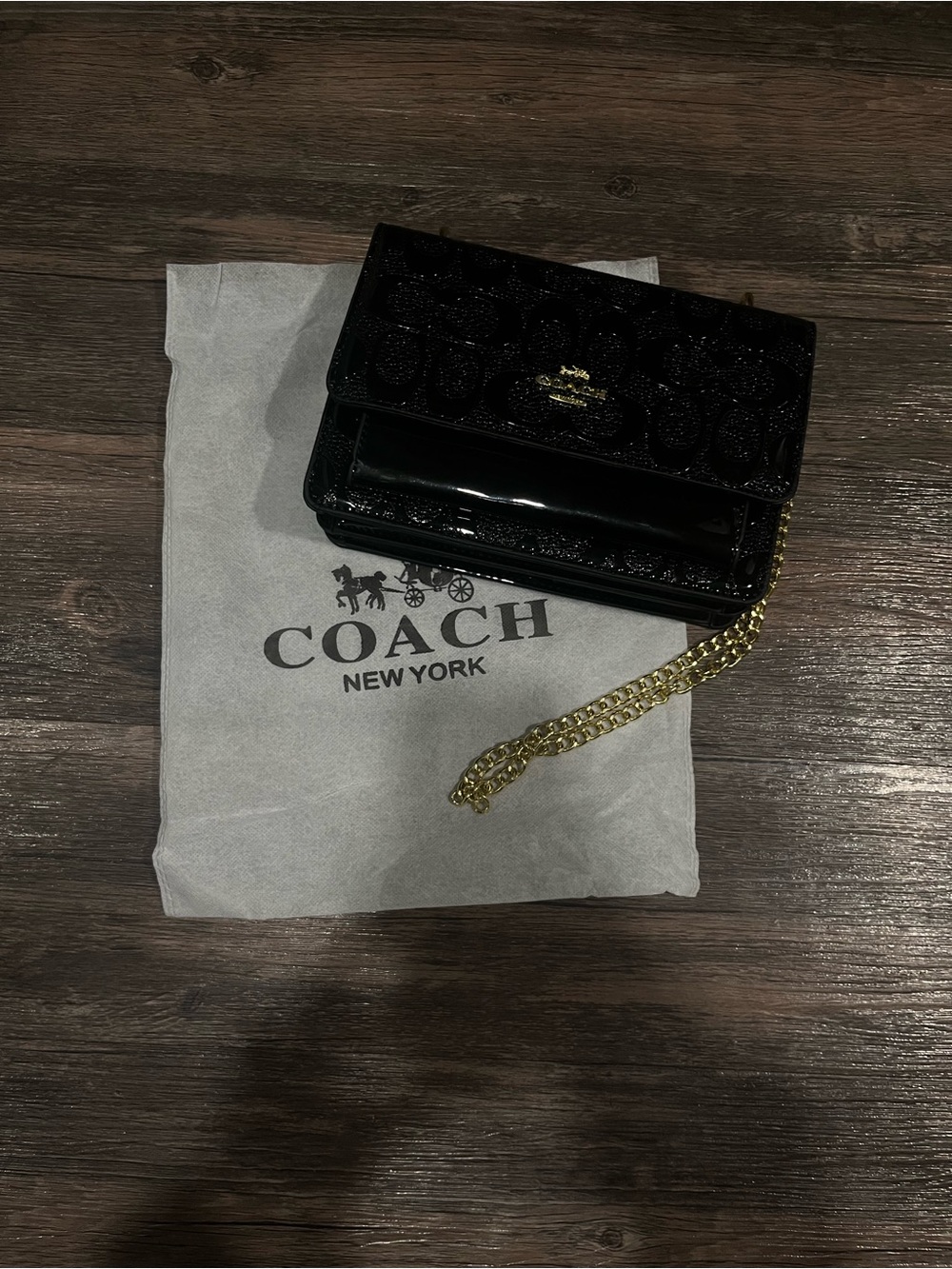 Coach Black Patent Logo-Embossed Crossbody with Gold Chain